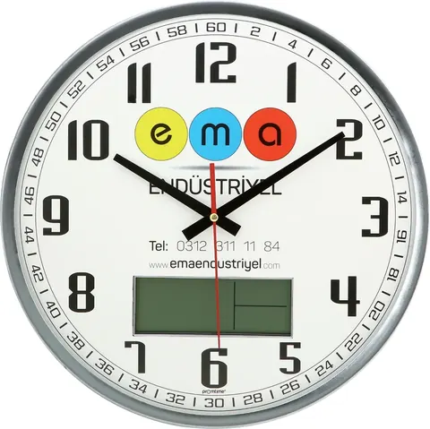 Metal Çerçeve Yuvarlak Bombe Cam Duvar  Saati (Dijital) 35 Cm